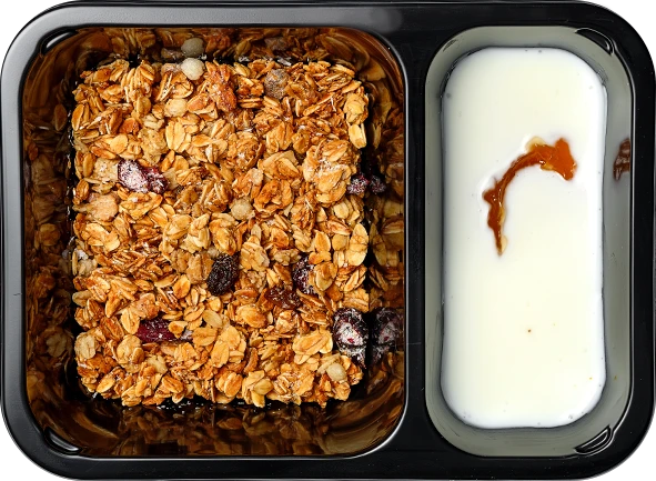 Блюдо: Гранола медовая с йогуртом и тропическими фрукт...